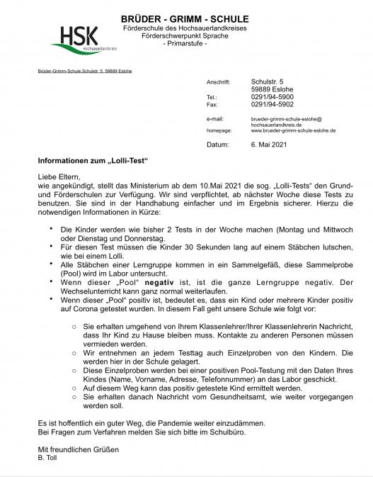 Elternbrief vom 6. Mai 