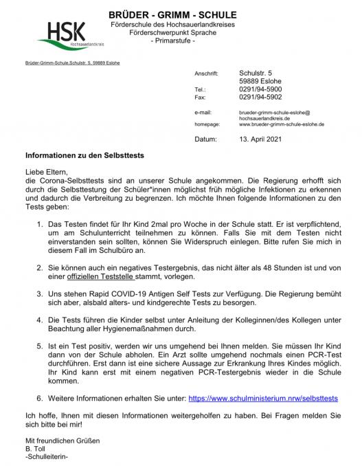 Elternbrief vom 13. April 2021 
