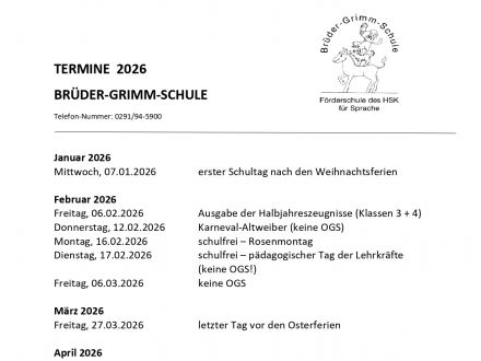 Termine bis zu den Sommerferien 2026